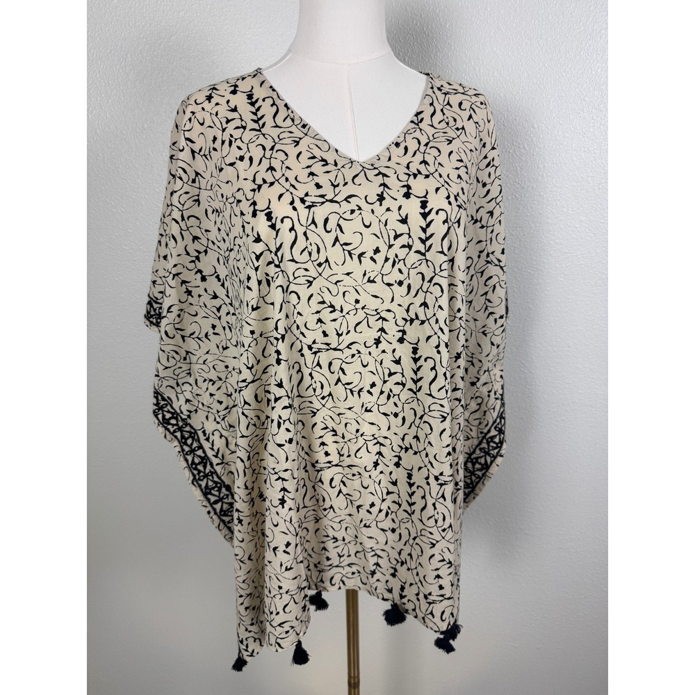 Pure Jill Elements Cotton Kaftan Poncho Top S-L Floral Batik Vine Print Tassels